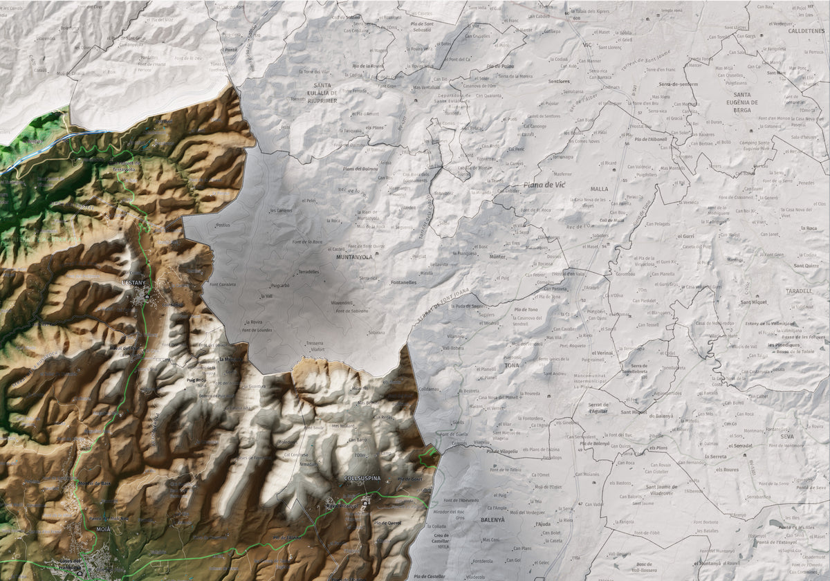 Mapa de relleu del Moianès, amb el territori en color i l’entorn en blanc. Detall de la part superior dreta. 70 × 100 cm. Estil Clàssic.