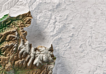 Mapa de relleu del Moianès, amb el territori en color i l’entorn en blanc. Detall de la part superior dreta. 70 × 100 cm. Estil Clàssic.