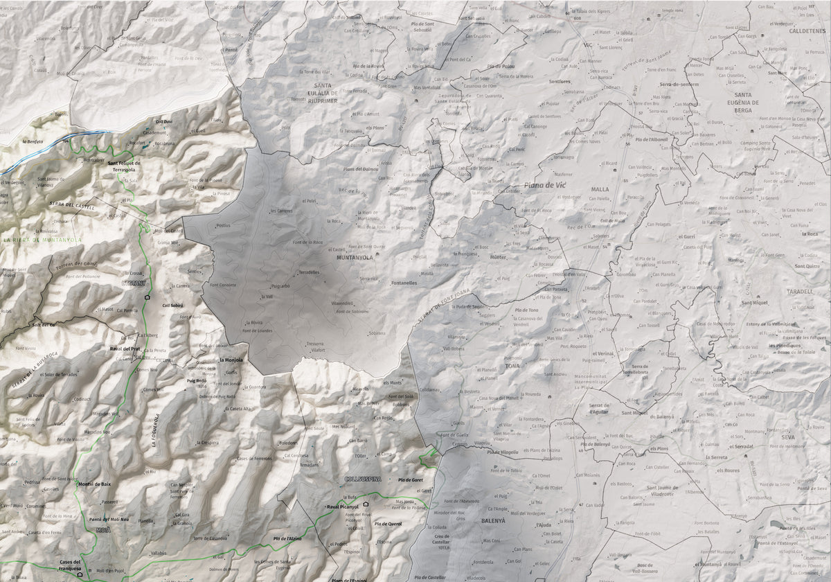 Mapa de relleu del Moianès, amb el territori en color i l’entorn en blanc. Detall de la part superior dreta. 70 × 100 cm. Estil Cartogràfic.