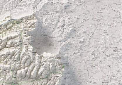 Mapa de relleu del Moianès, amb el territori en color i l’entorn en blanc. Detall de la part superior dreta. 70 × 100 cm. Estil Cartogràfic.