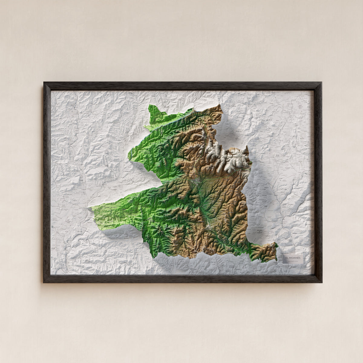 Mapa de relleu del Moianès, amb el territori en color i l’entorn en blanc. Presentació amb marc. 70 × 100 cm. Estil Clàssic.