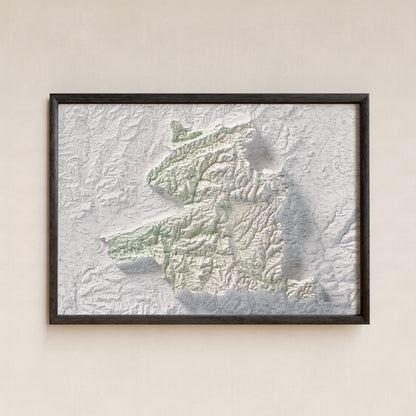 Mapa de relleu del Moianès, amb el territori en color i l’entorn en blanc. Presentació amb marc. 70 × 100 cm. Estil Cartogràfic.