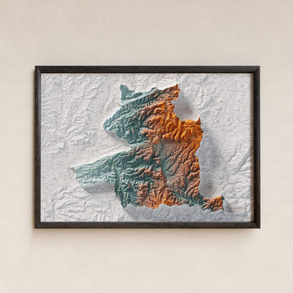 Mapa de relleu del Moianès, amb el territori en color i l’entorn en blanc. Presentació amb marc. 70 × 100 cm. Estil Blau i taronja.