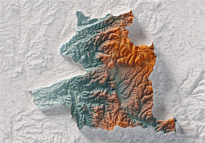 Mapa de relleu del Moianès, amb el territori en color i l’entorn en blanc. Vista completa de la làmina. 70 × 100 cm. Estil Blau i taronja.
