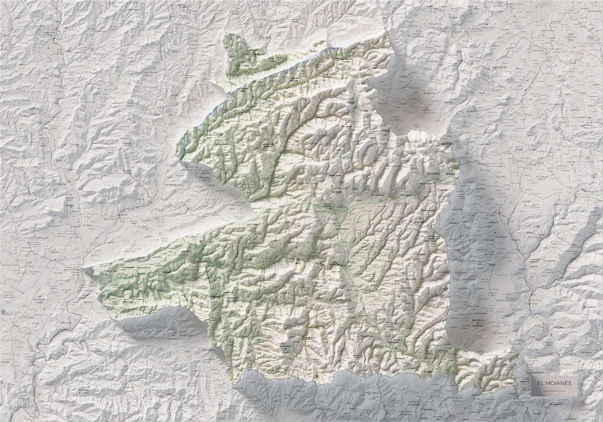Mapa de relleu del Moianès, amb el territori en color i l’entorn en blanc. Vista completa de la làmina. 70 × 100 cm. Estil Cartogràfic.
