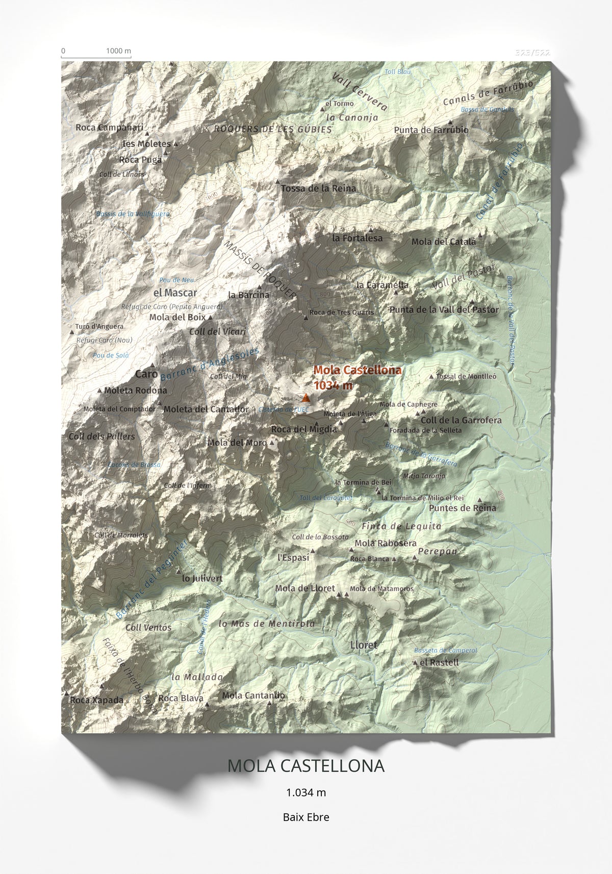 Mapa de relieve de Mola Castellona, 1034 m, Baix Ebre, lámina 100 Cims de Trobart 21 × 30 cm.