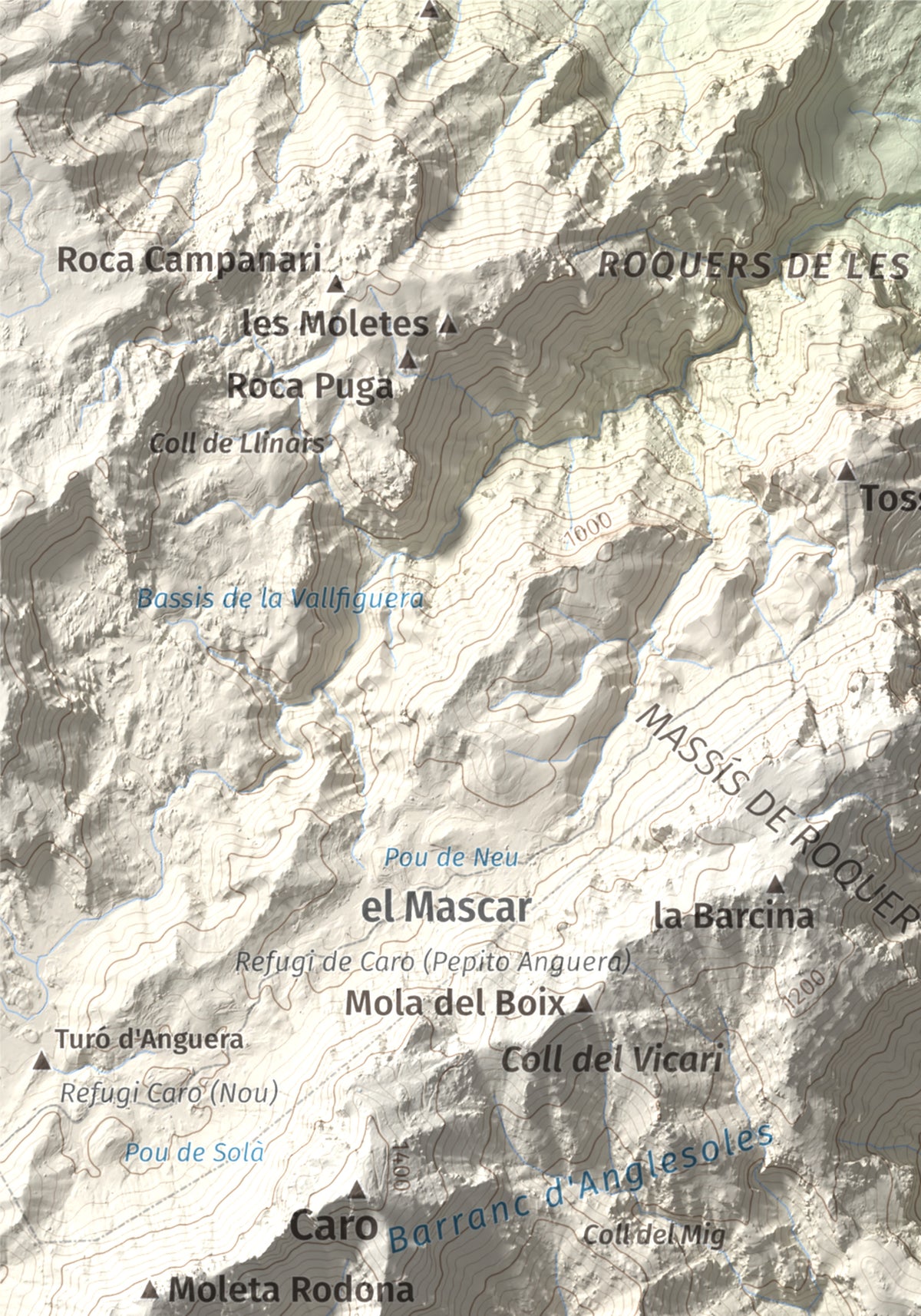 Mapa de relieve de Mola Castellona, 1034 m, Baix Ebre, lámina 100 Cims de Trobart. Detalle de la zona superior izquierda. 21 × 30 cm.
