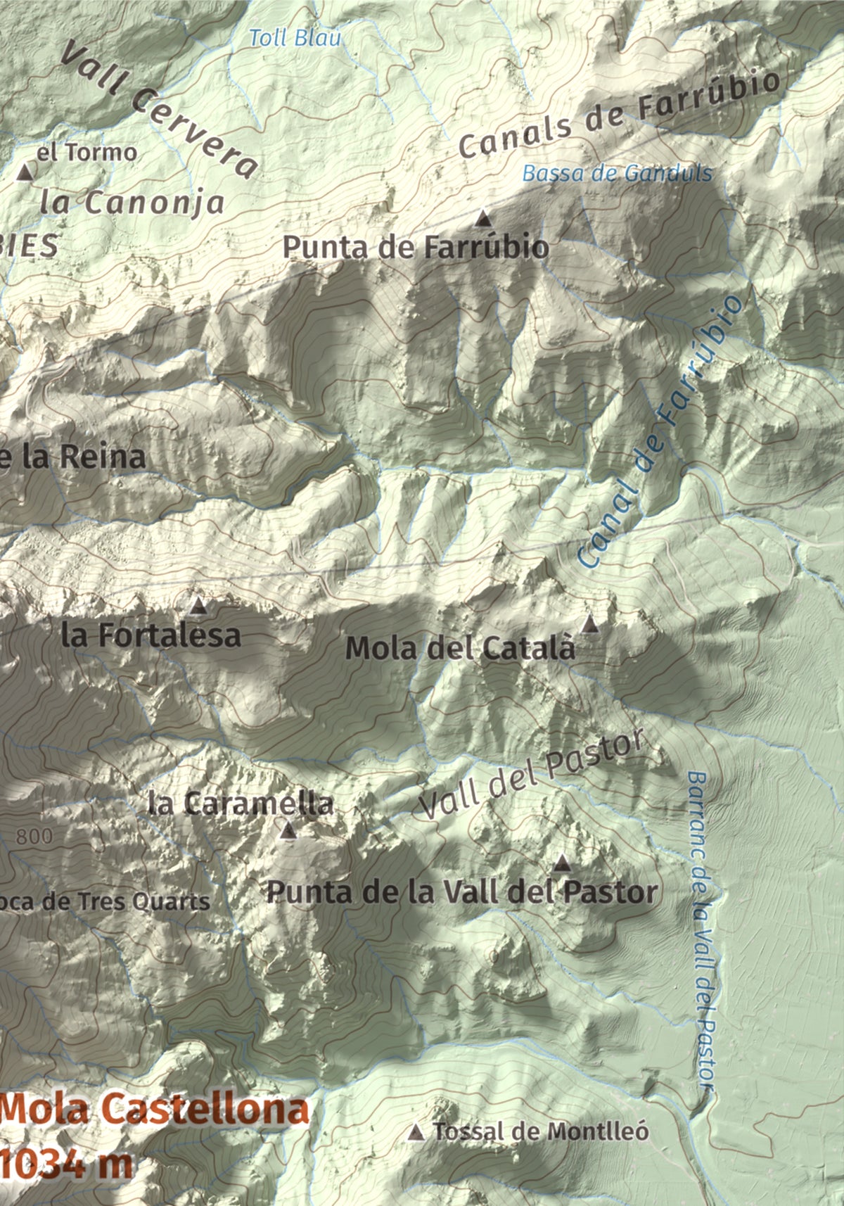 Mapa de relieve de Mola Castellona, 1034 m, Baix Ebre, lámina 100 Cims de Trobart. Detalle de la zona superior derecha. 21 × 30 cm.