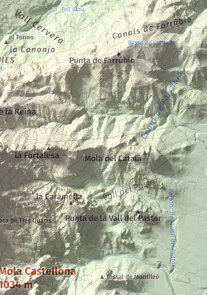 Mapa de relieve de Mola Castellona, 1034 m, Baix Ebre, lámina 100 Cims de Trobart. Detalle de la zona superior derecha. 21 × 30 cm.