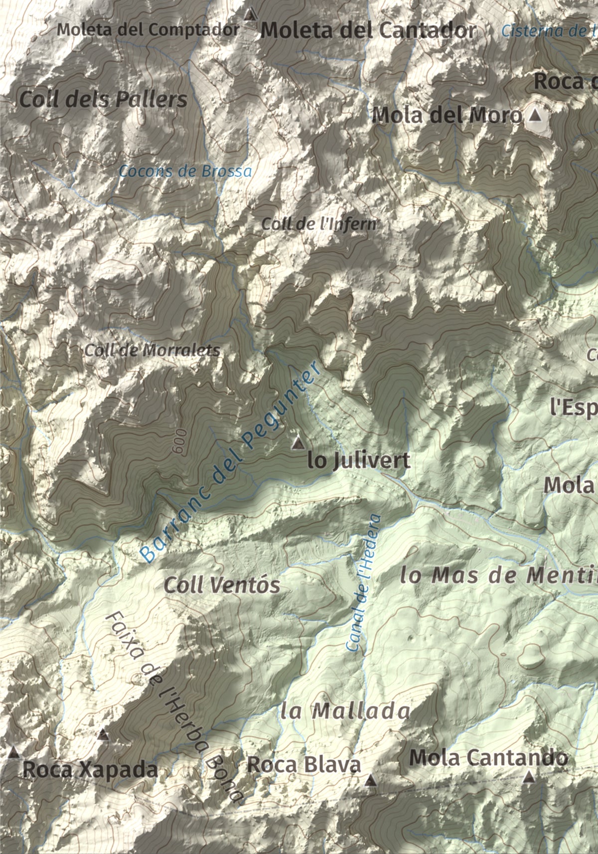 Mapa de relieve de Mola Castellona, 1034 m, Baix Ebre, lámina 100 Cims de Trobart. Detalle de la zona inferior izquierda. 21 × 30 cm.