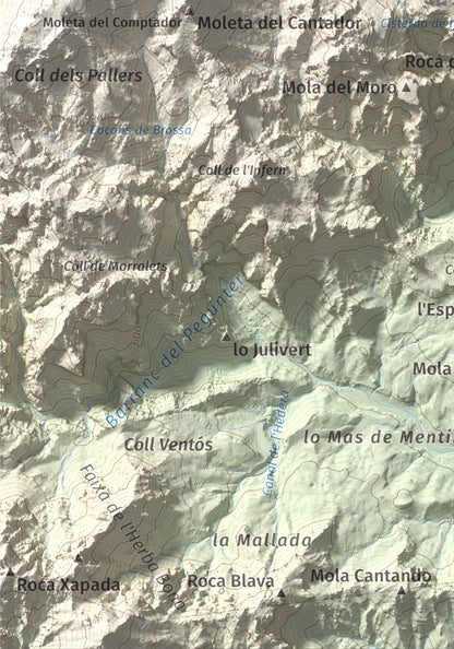 Mapa de relieve de Mola Castellona, 1034 m, Baix Ebre, lámina 100 Cims de Trobart. Detalle de la zona inferior izquierda. 21 × 30 cm.