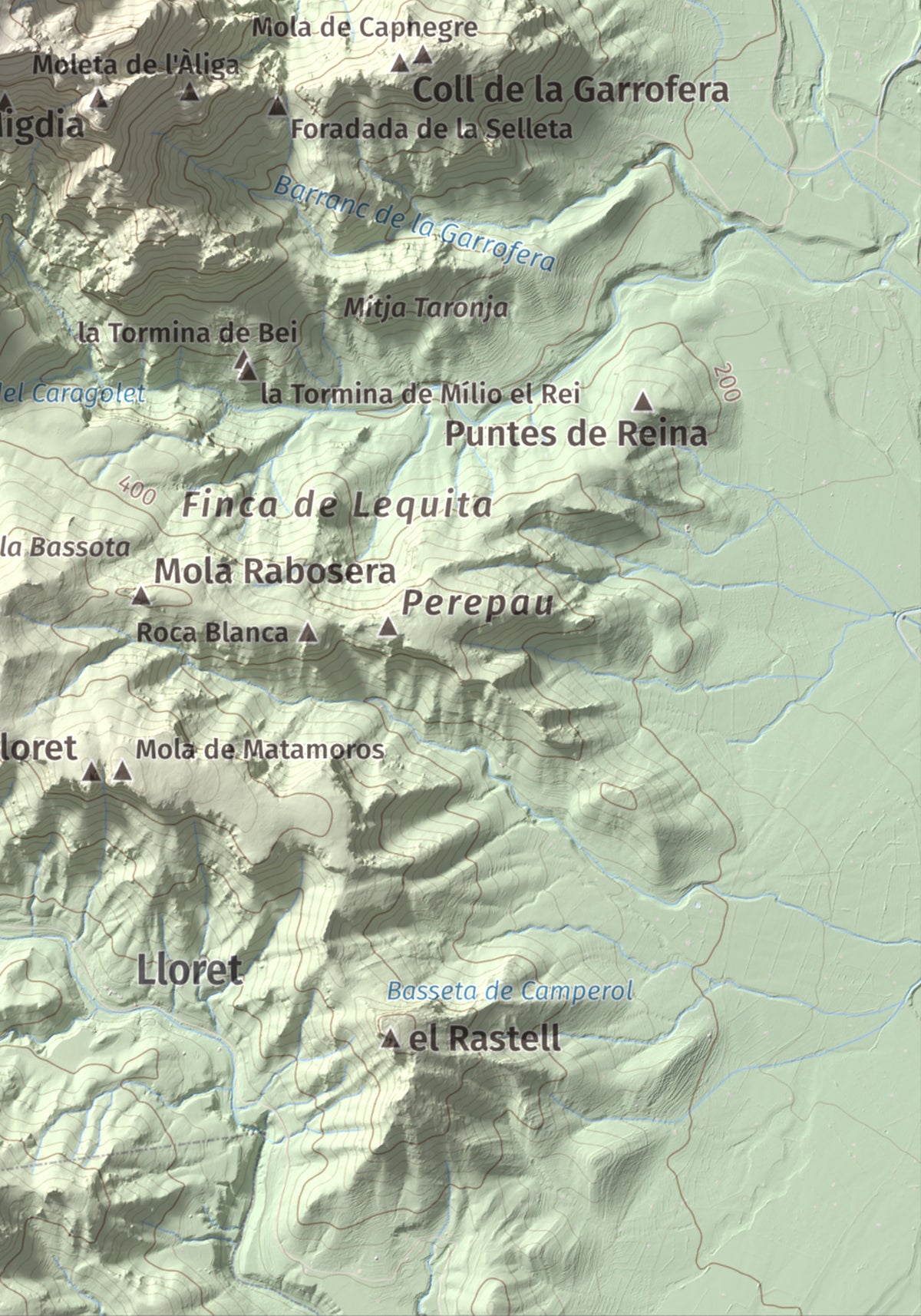 Mapa de relieve de Mola Castellona, 1034 m, Baix Ebre, lámina 100 Cims de Trobart. Detalle de la zona inferior derecha. 21 × 30 cm.