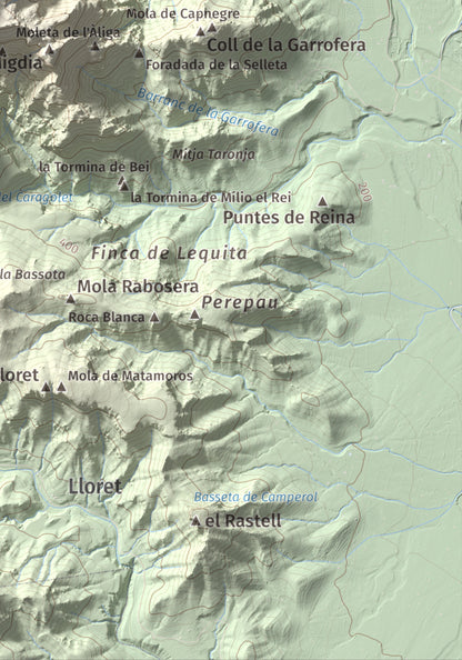 Mapa de relieve de Mola Castellona, 1034 m, Baix Ebre, lámina 100 Cims de Trobart. Detalle de la zona inferior derecha. 21 × 30 cm.