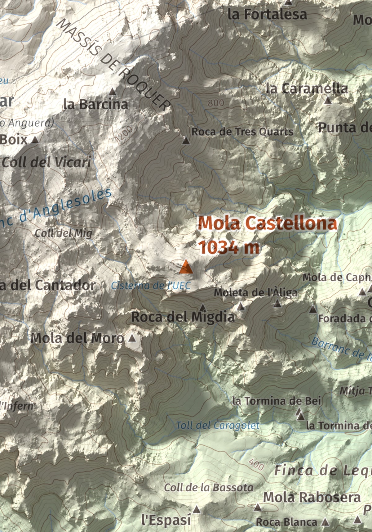 Mapa de relieve de Mola Castellona, 1034 m, Baix Ebre, lámina 100 Cims de Trobart. Detalle de la zona central. 21 × 30 cm.