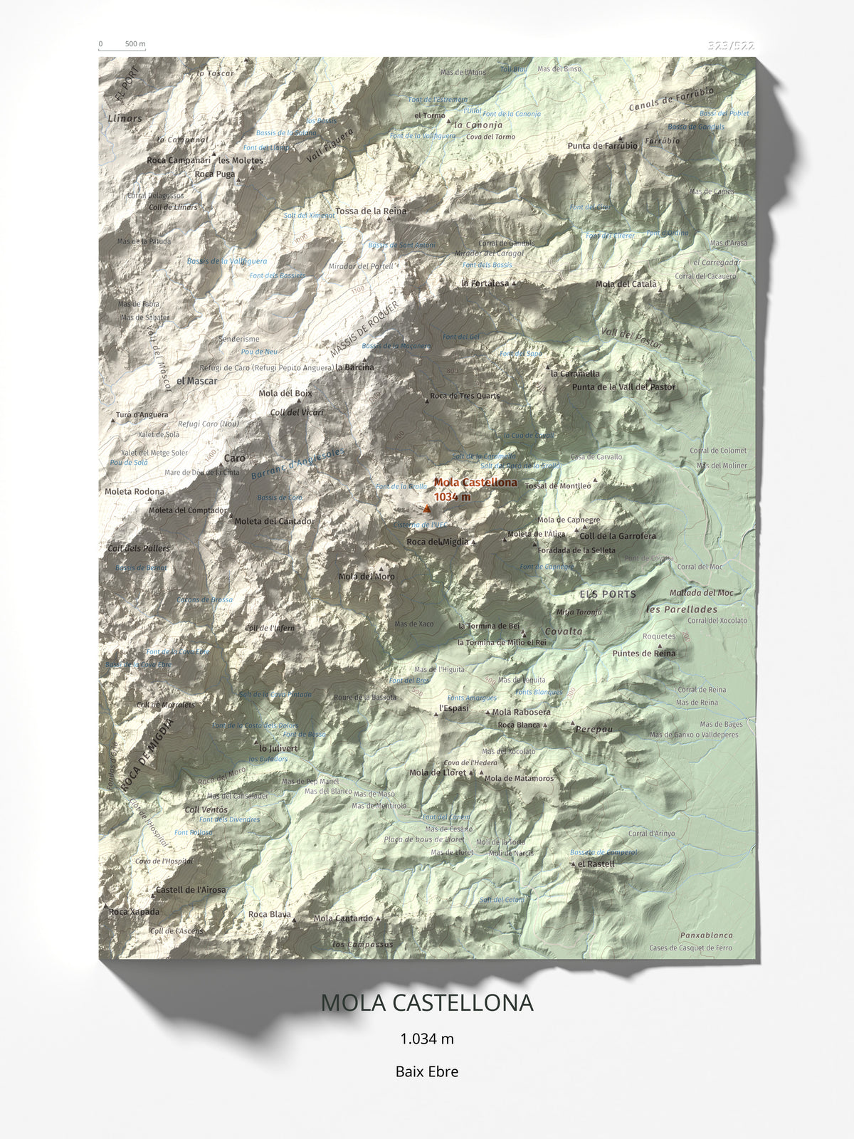 Mapa de relieve de Mola Castellona, 1034 m, Baix Ebre, lámina 100 Cims de Trobart 30 × 40 cm.