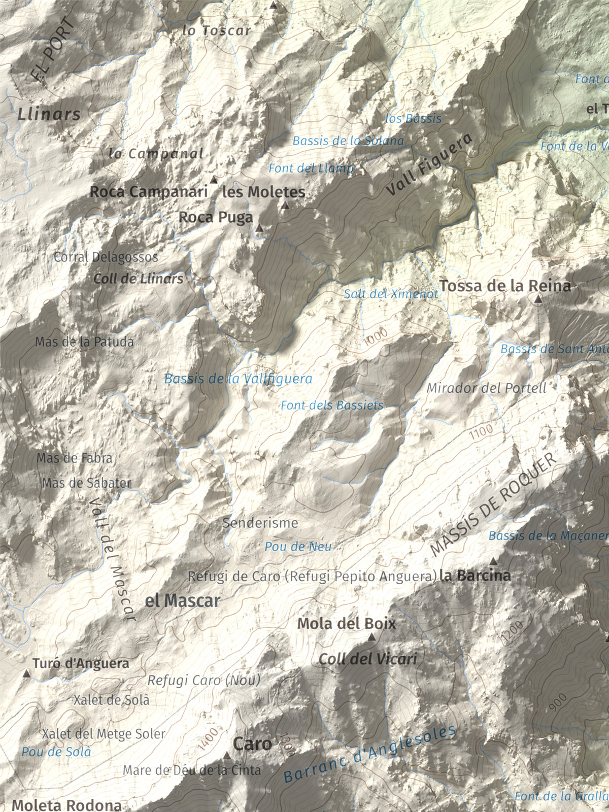 Mapa de relieve de Mola Castellona, 1034 m, Baix Ebre, lámina 100 Cims de Trobart. Detalle de la zona superior izquierda. 30 × 40 cm.