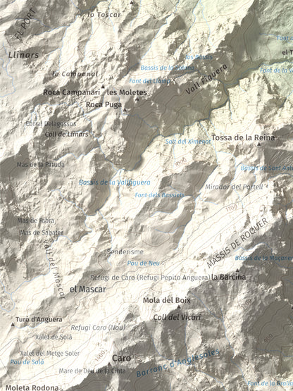 Mapa de relieve de Mola Castellona, 1034 m, Baix Ebre, lámina 100 Cims de Trobart. Detalle de la zona superior izquierda. 30 × 40 cm.