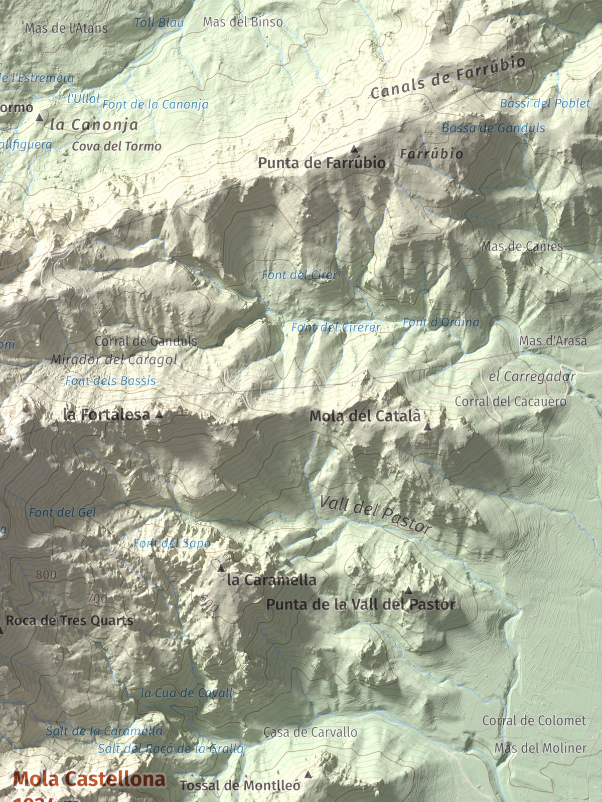 Mapa de relieve de Mola Castellona, 1034 m, Baix Ebre, lámina 100 Cims de Trobart. Detalle de la zona superior derecha. 30 × 40 cm.