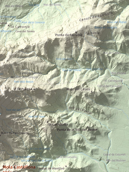 Mapa de relieve de Mola Castellona, 1034 m, Baix Ebre, lámina 100 Cims de Trobart. Detalle de la zona superior derecha. 30 × 40 cm.
