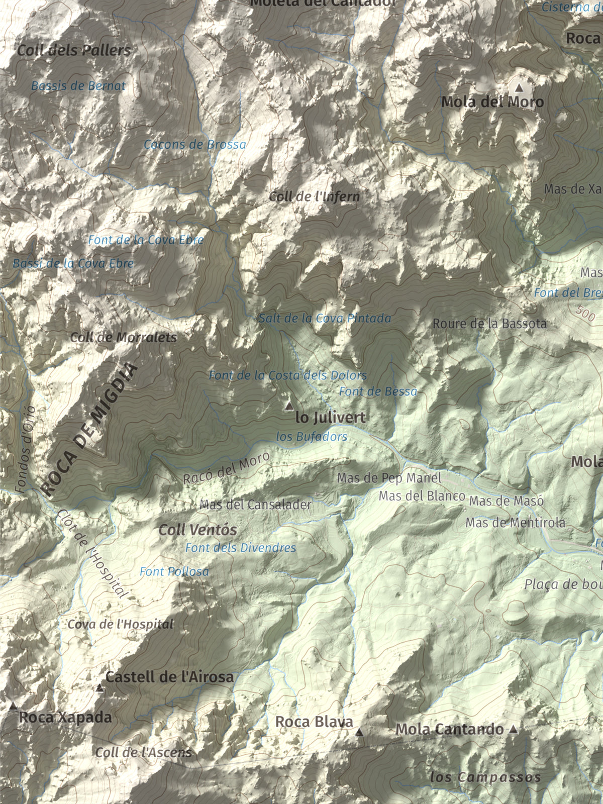 Mapa de relieve de Mola Castellona, 1034 m, Baix Ebre, lámina 100 Cims de Trobart. Detalle de la zona inferior izquierda. 30 × 40 cm.
