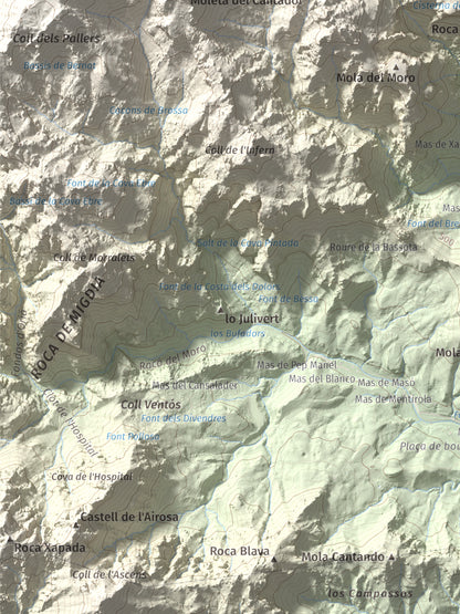 Mapa de relieve de Mola Castellona, 1034 m, Baix Ebre, lámina 100 Cims de Trobart. Detalle de la zona inferior izquierda. 30 × 40 cm.
