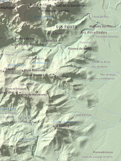 Mapa de relieve de Mola Castellona, 1034 m, Baix Ebre, lámina 100 Cims de Trobart. Detalle de la zona inferior derecha. 30 × 40 cm.