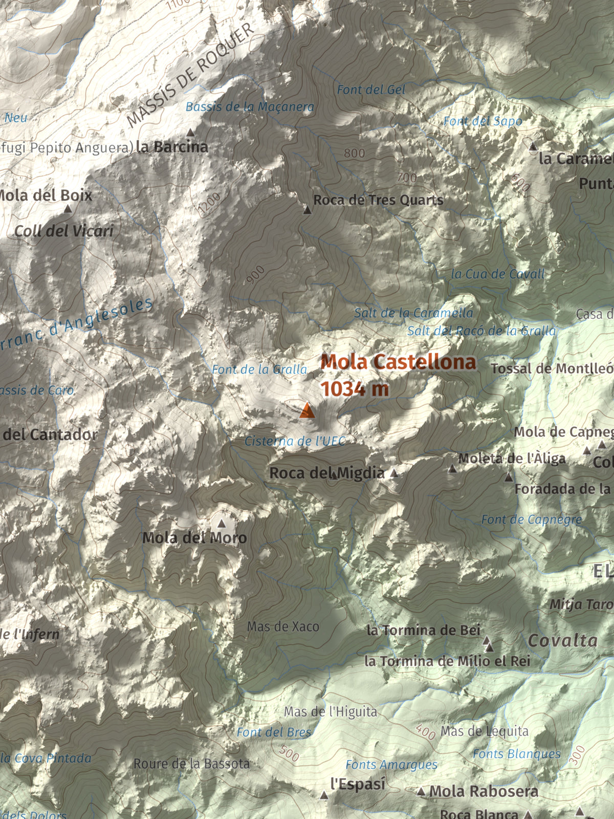 Mapa de relieve de Mola Castellona, 1034 m, Baix Ebre, lámina 100 Cims de Trobart. Detalle de la zona central. 30 × 40 cm.