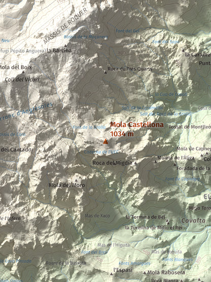 Mapa de relieve de Mola Castellona, 1034 m, Baix Ebre, lámina 100 Cims de Trobart. Detalle de la zona central. 30 × 40 cm.