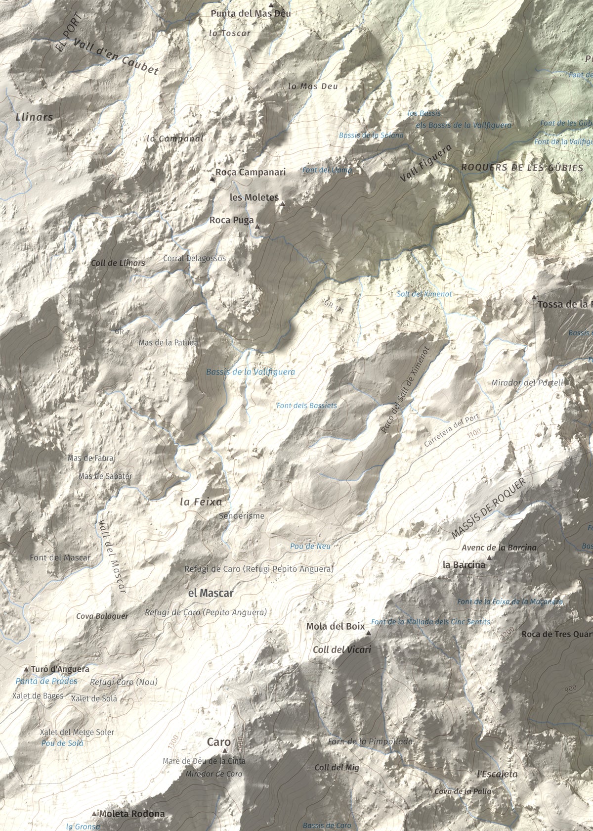 Mapa de relieve de Mola Castellona, 1034 m, Baix Ebre, lámina 100 Cims de Trobart. Detalle de la zona superior izquierda. 50 × 70 cm.