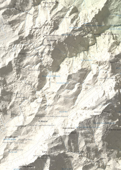 Mapa de relieve de Mola Castellona, 1034 m, Baix Ebre, lámina 100 Cims de Trobart. Detalle de la zona superior izquierda. 50 × 70 cm.