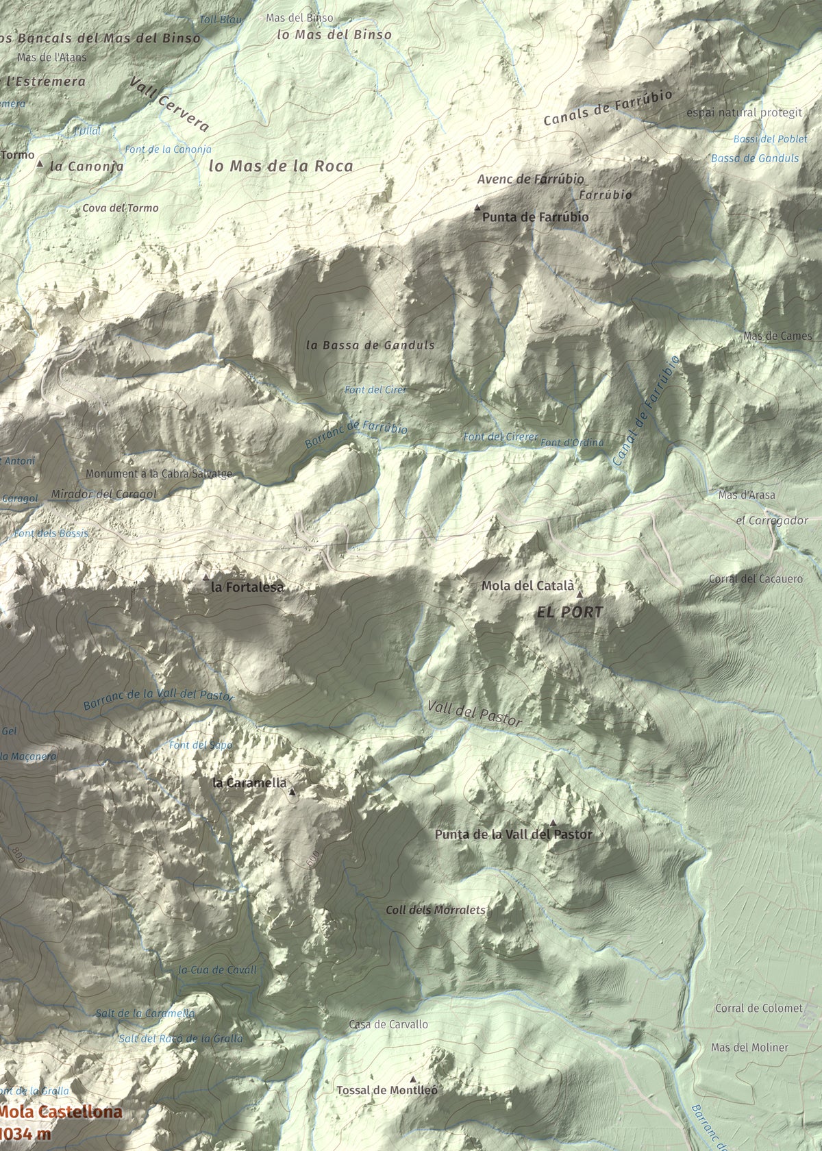 Mapa de relieve de Mola Castellona, 1034 m, Baix Ebre, lámina 100 Cims de Trobart. Detalle de la zona superior derecha. 50 × 70 cm.