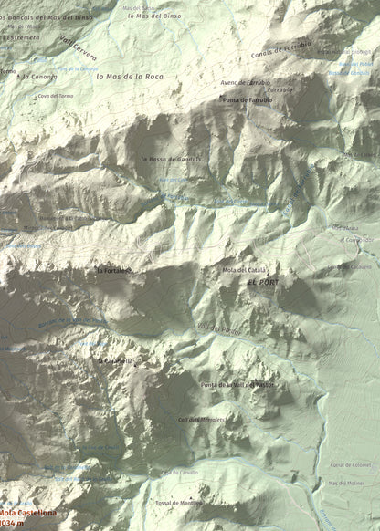 Mapa de relieve de Mola Castellona, 1034 m, Baix Ebre, lámina 100 Cims de Trobart. Detalle de la zona superior derecha. 50 × 70 cm.