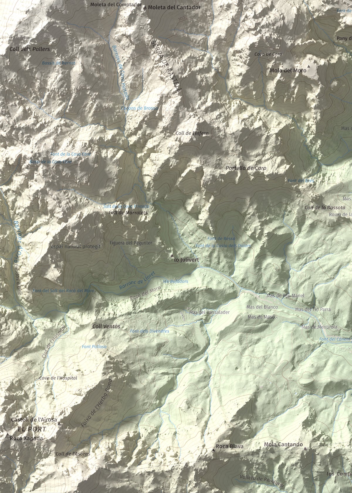 Mapa de relieve de Mola Castellona, 1034 m, Baix Ebre, lámina 100 Cims de Trobart. Detalle de la zona inferior izquierda. 50 × 70 cm.