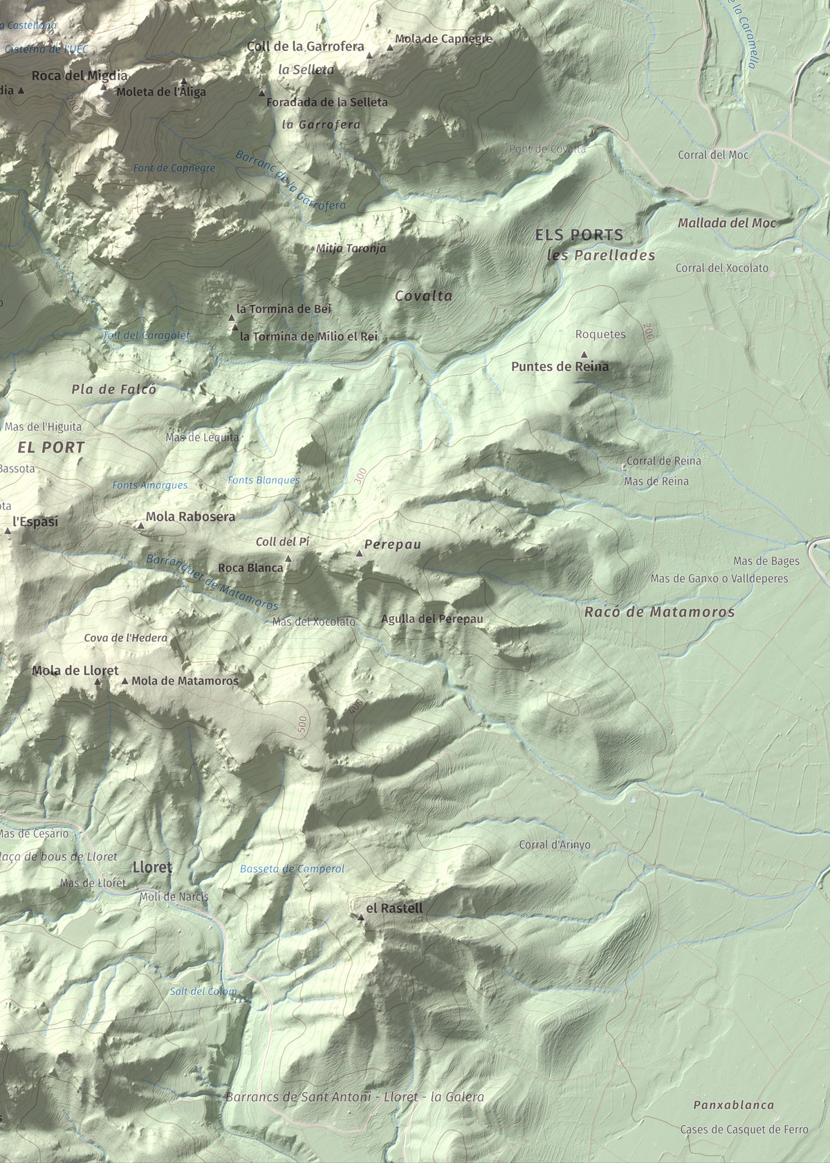 Mapa de relieve de Mola Castellona, 1034 m, Baix Ebre, lámina 100 Cims de Trobart. Detalle de la zona inferior derecha. 50 × 70 cm.