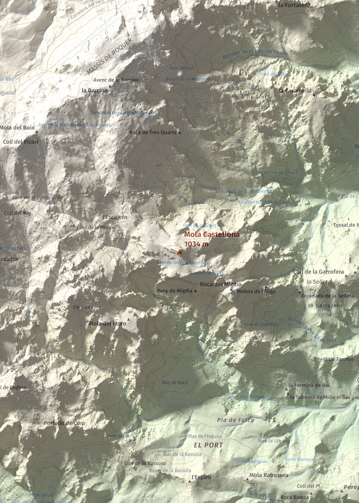 Mapa de relieve de Mola Castellona, 1034 m, Baix Ebre, lámina 100 Cims de Trobart. Detalle de la zona central. 50 × 70 cm.