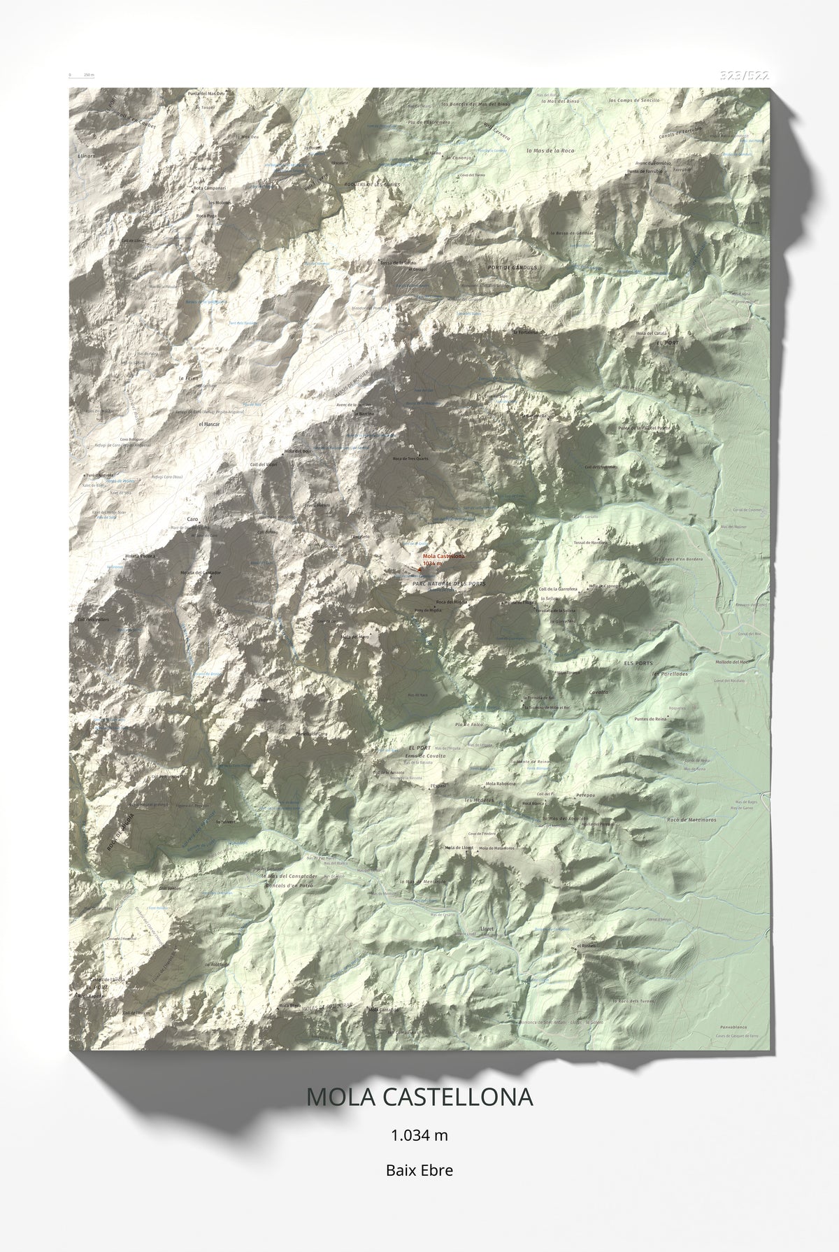 Mapa de relieve de Mola Castellona, 1034 m, Baix Ebre, lámina 100 Cims de Trobart 61 × 91 cm.