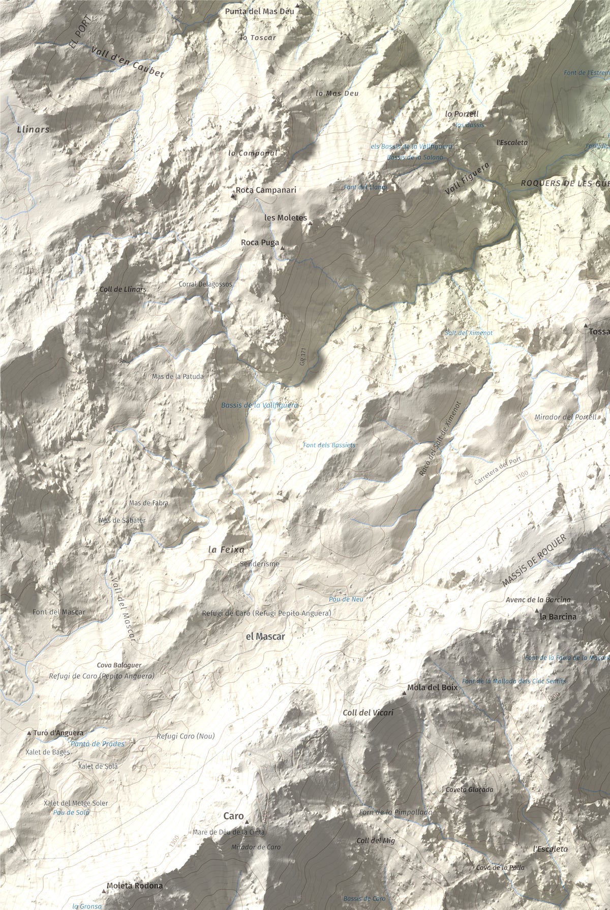 Mapa de relieve de Mola Castellona, 1034 m, Baix Ebre, lámina 100 Cims de Trobart. Detalle de la zona superior izquierda. 61 × 91 cm.