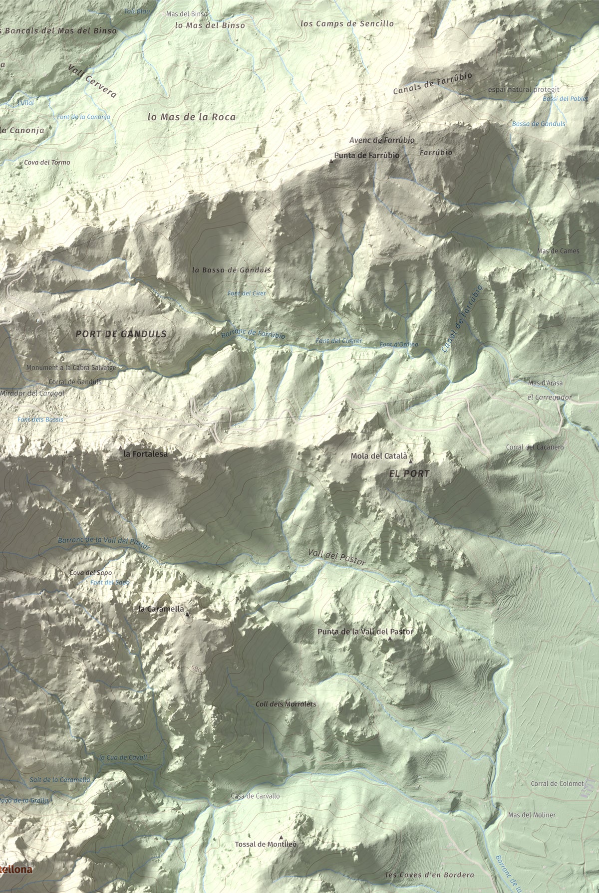 Mapa de relieve de Mola Castellona, 1034 m, Baix Ebre, lámina 100 Cims de Trobart. Detalle de la zona superior derecha. 61 × 91 cm.