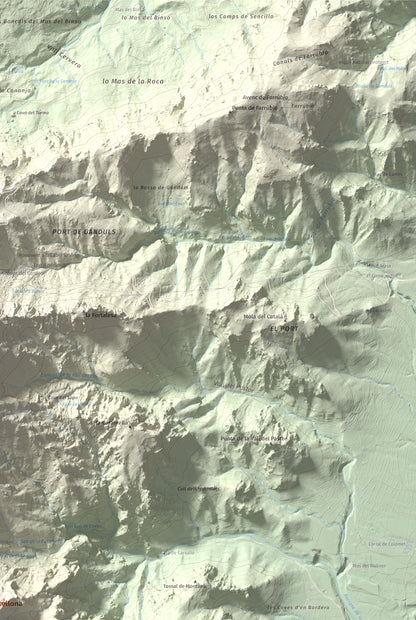 Mapa de relieve de Mola Castellona, 1034 m, Baix Ebre, lámina 100 Cims de Trobart. Detalle de la zona superior derecha. 61 × 91 cm.