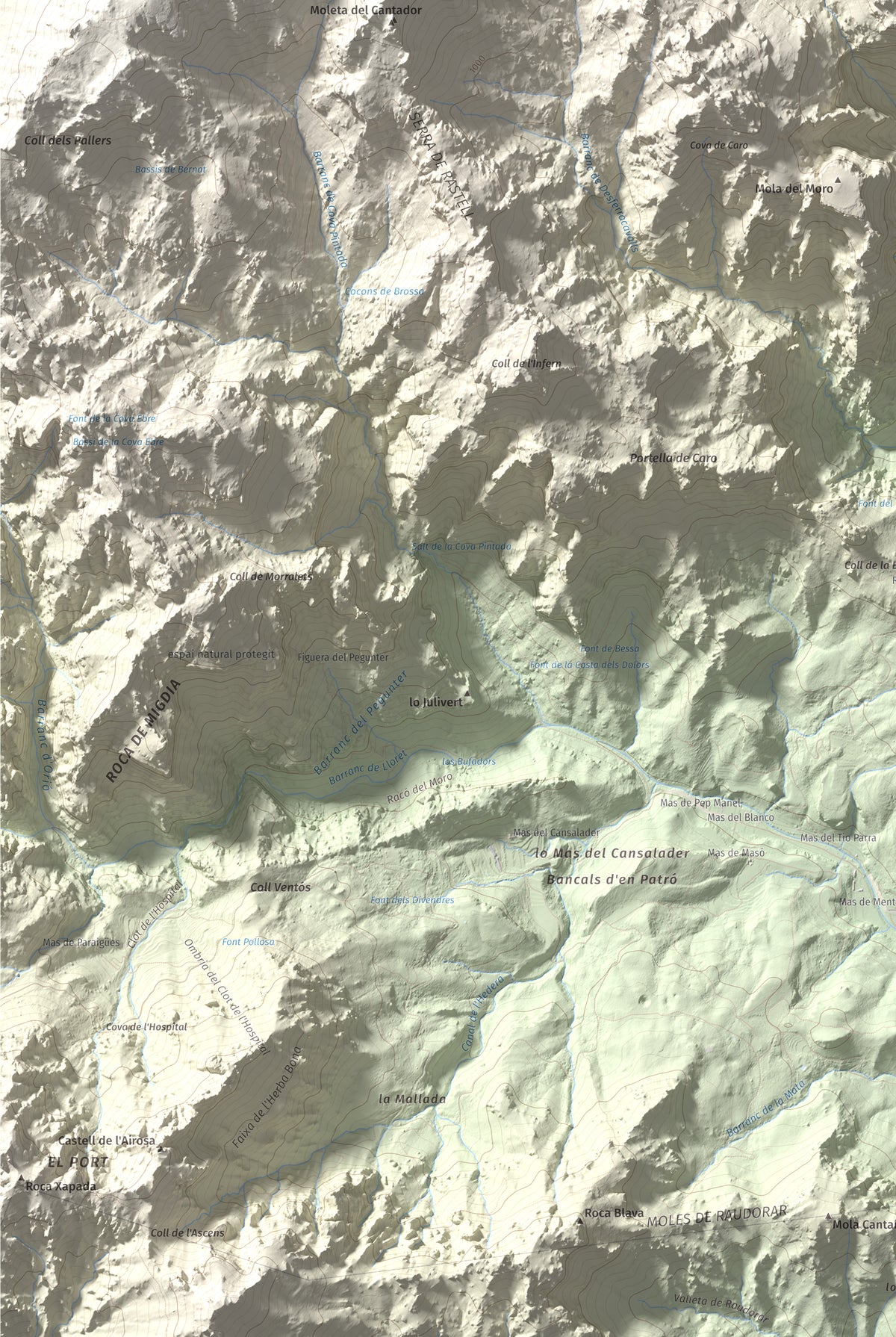 Mapa de relieve de Mola Castellona, 1034 m, Baix Ebre, lámina 100 Cims de Trobart. Detalle de la zona inferior izquierda. 61 × 91 cm.