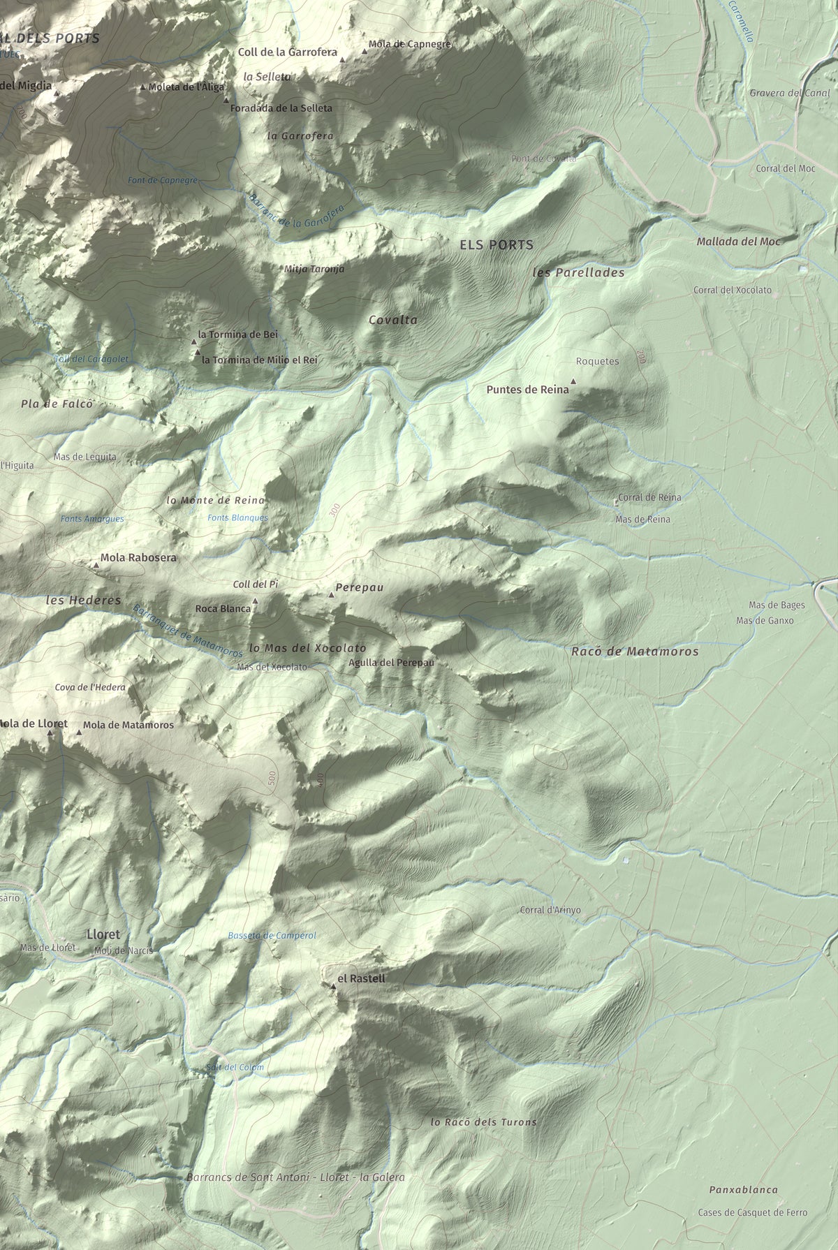 Mapa de relieve de Mola Castellona, 1034 m, Baix Ebre, lámina 100 Cims de Trobart. Detalle de la zona inferior derecha. 61 × 91 cm.