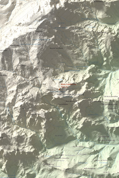 Mapa de relieve de Mola Castellona, 1034 m, Baix Ebre, lámina 100 Cims de Trobart. Detalle de la zona central. 61 × 91 cm.