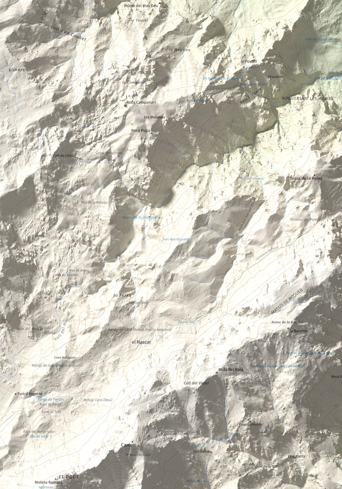 Mapa de relieve de Mola Castellona, 1034 m, Baix Ebre, lámina 100 Cims de Trobart. Detalle de la zona superior izquierda. 70 × 100 cm.