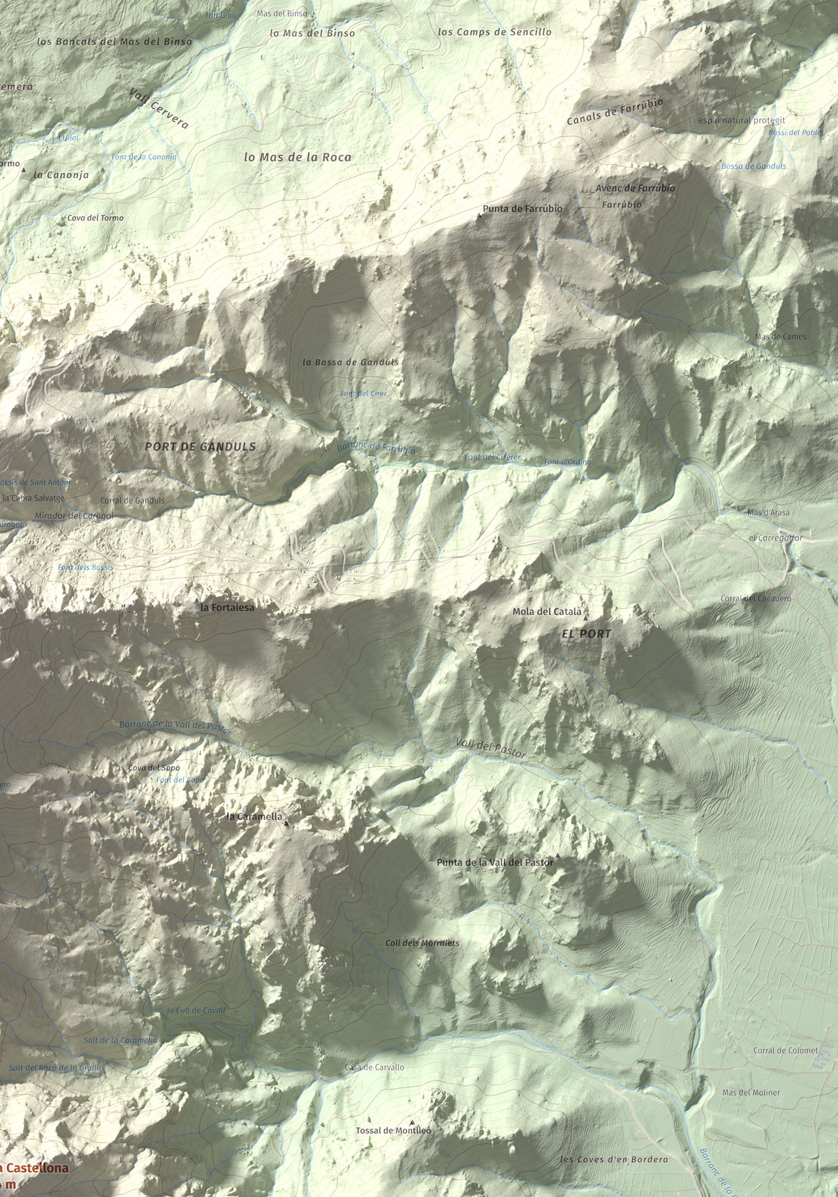 Mapa de relieve de Mola Castellona, 1034 m, Baix Ebre, lámina 100 Cims de Trobart. Detalle de la zona superior derecha. 70 × 100 cm.