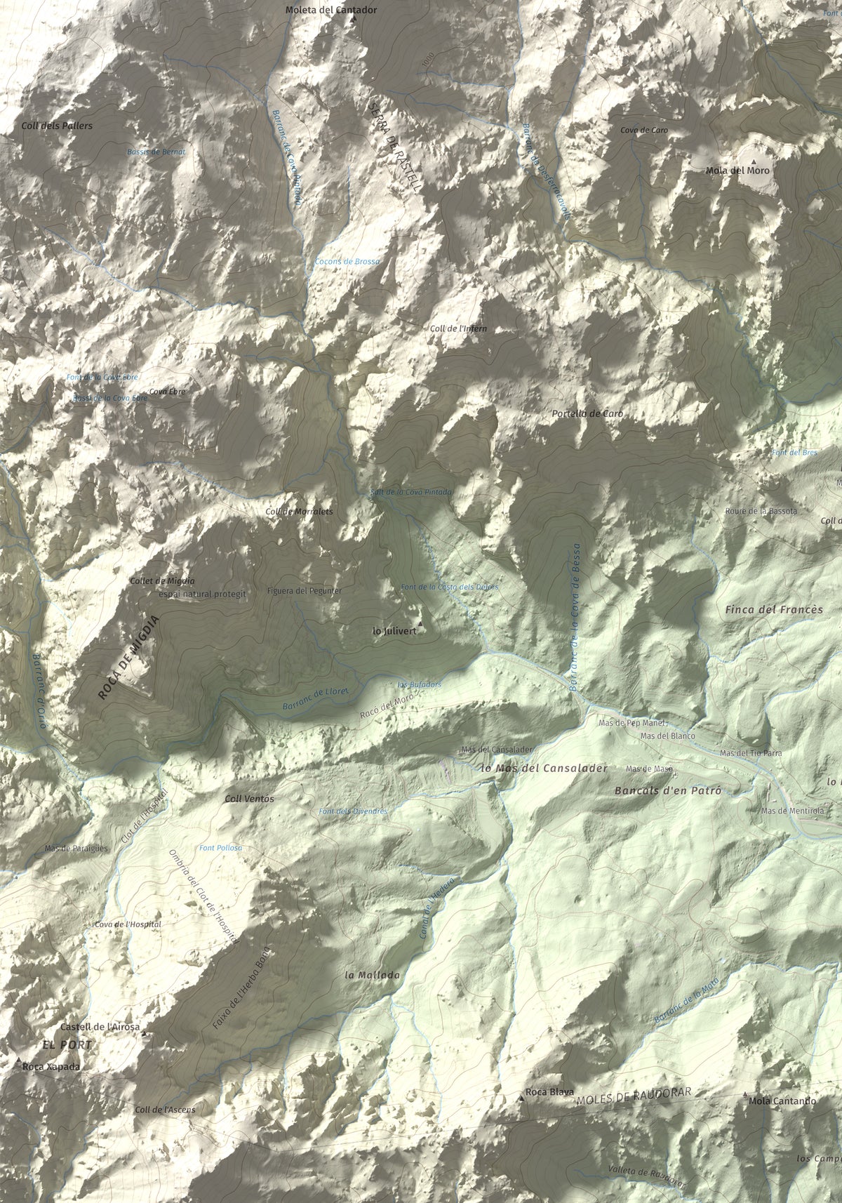 Mapa de relieve de Mola Castellona, 1034 m, Baix Ebre, lámina 100 Cims de Trobart. Detalle de la zona inferior izquierda. 70 × 100 cm.