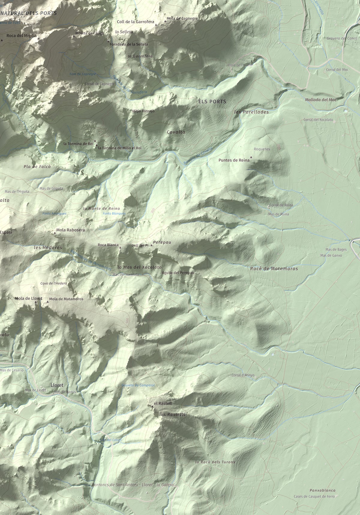 Mapa de relieve de Mola Castellona, 1034 m, Baix Ebre, lámina 100 Cims de Trobart. Detalle de la zona inferior derecha. 70 × 100 cm.
