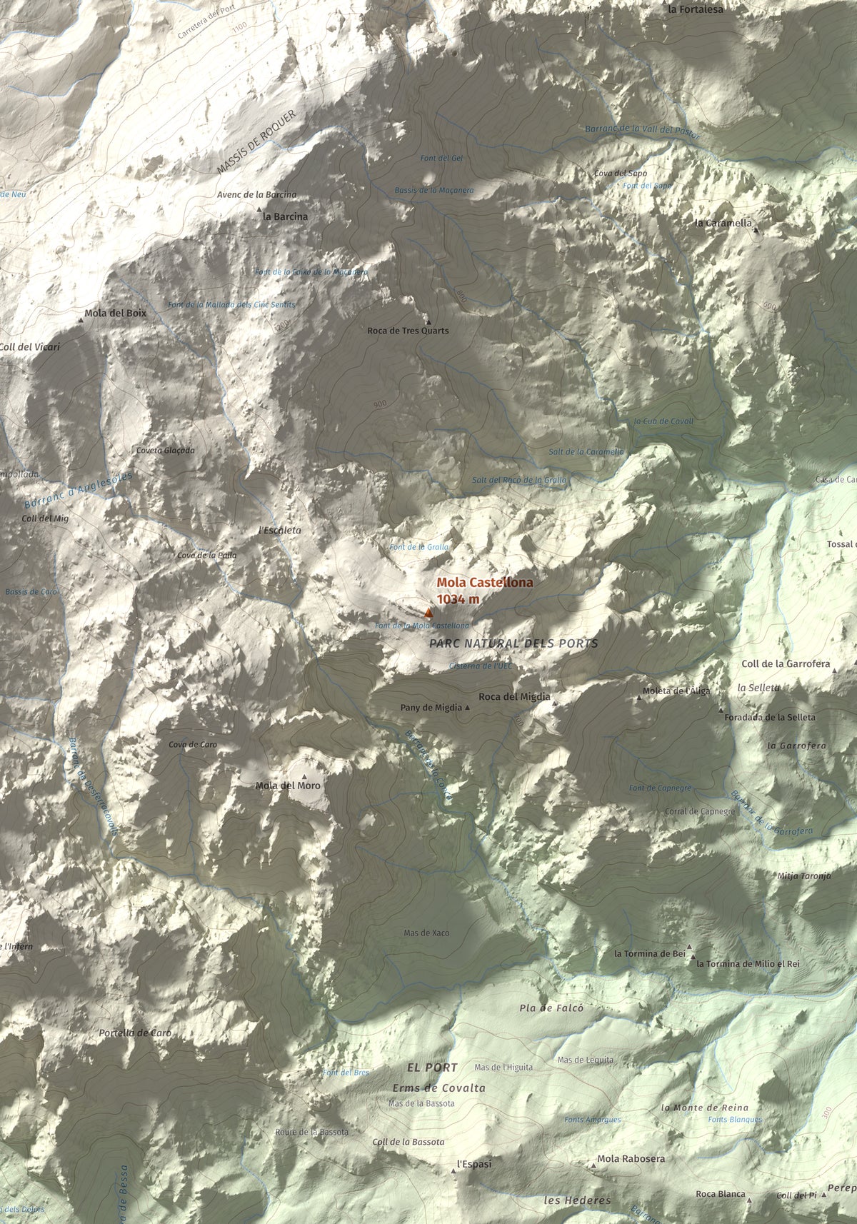 Mapa de relieve de Mola Castellona, 1034 m, Baix Ebre, lámina 100 Cims de Trobart. Detalle de la zona central. 70 × 100 cm.