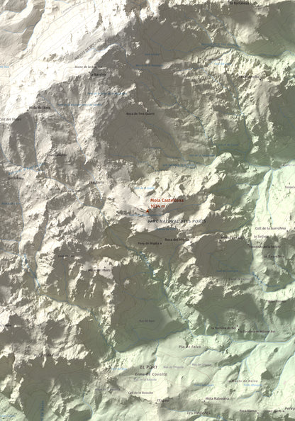 Mapa de relieve de Mola Castellona, 1034 m, Baix Ebre, lámina 100 Cims de Trobart. Detalle de la zona central. 70 × 100 cm.