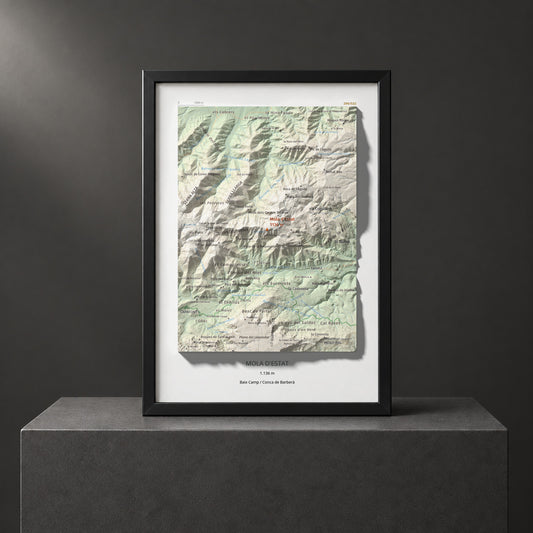 Mapa de relieve de Mola d'Estat, 1136 m, Baix Camp · Conca de Barberà, lámina 100 Cims de Trobart. Presentación enmarcada. 21 × 30 cm.
