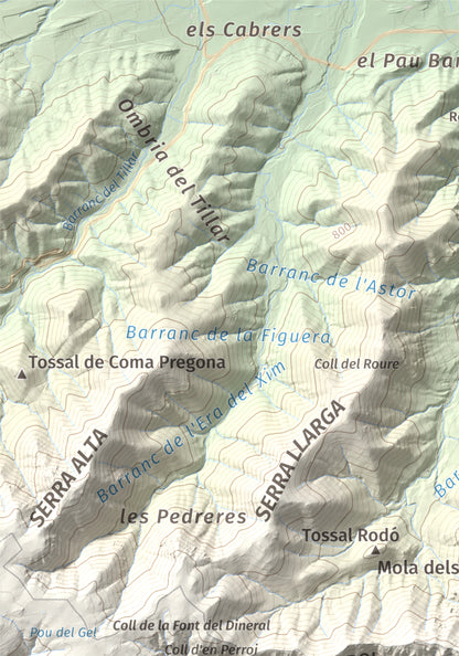 Mapa de relieve de Mola d'Estat, 1136 m, Baix Camp · Conca de Barberà, lámina 100 Cims de Trobart. Detalle de la zona superior izquierda. 21 × 30 cm.
